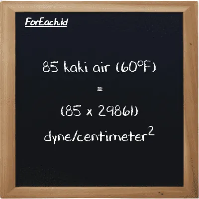 Cara konversi kaki air (60<sup>o</sup>F) ke dyne/centimeter<sup>2</sup> (ftH2O ke dyn/cm<sup>2</sup>): 85 kaki air (60<sup>o</sup>F) (ftH2O) setara dengan 85 dikalikan dengan 29861 dyne/centimeter<sup>2</sup> (dyn/cm<sup>2</sup>)